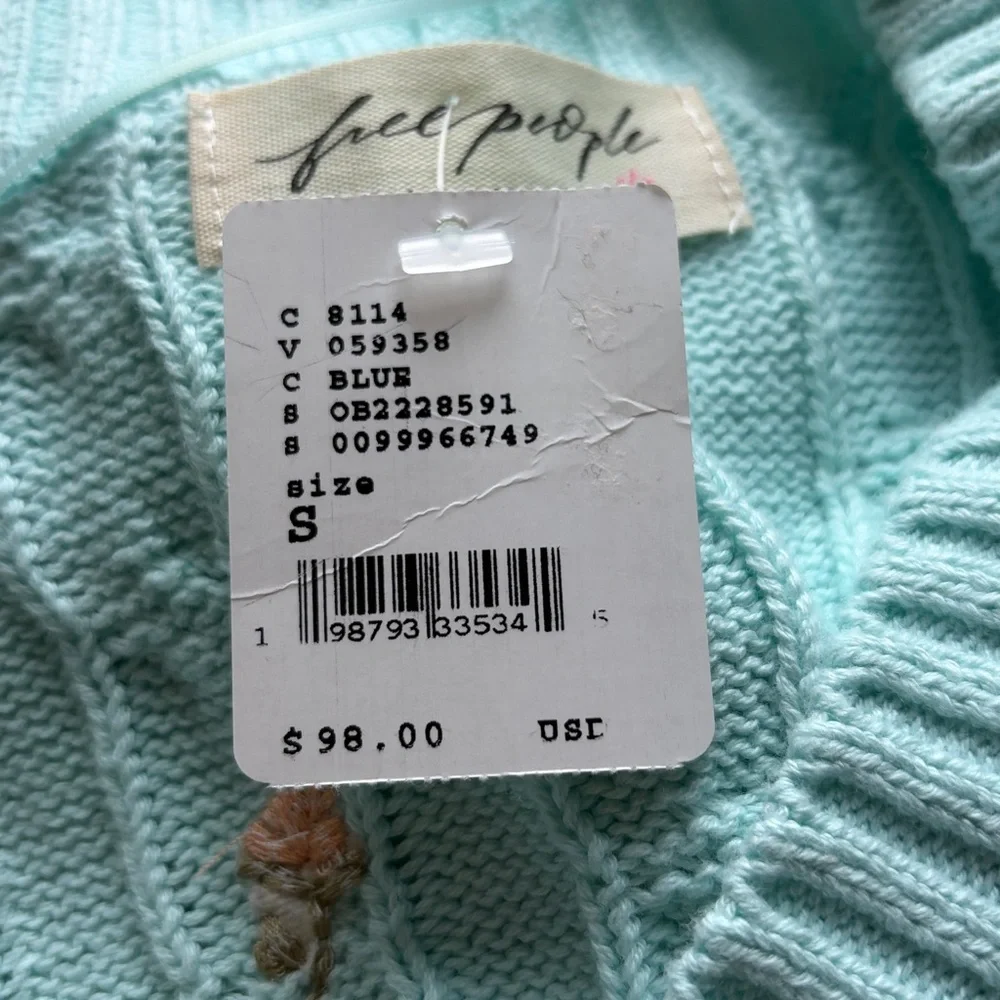 FREE PEOPLE PLUMERIA FLORAL VEST BLUE GLASS Cable Knit Sweater Sz S NEW